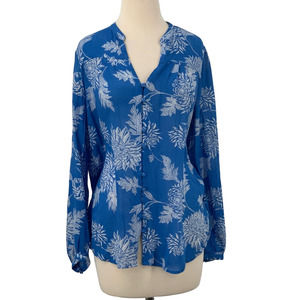 Lucky Brand Long Sleeve Button Down Shirt Blue/White Floral Pleated Flowy S READ